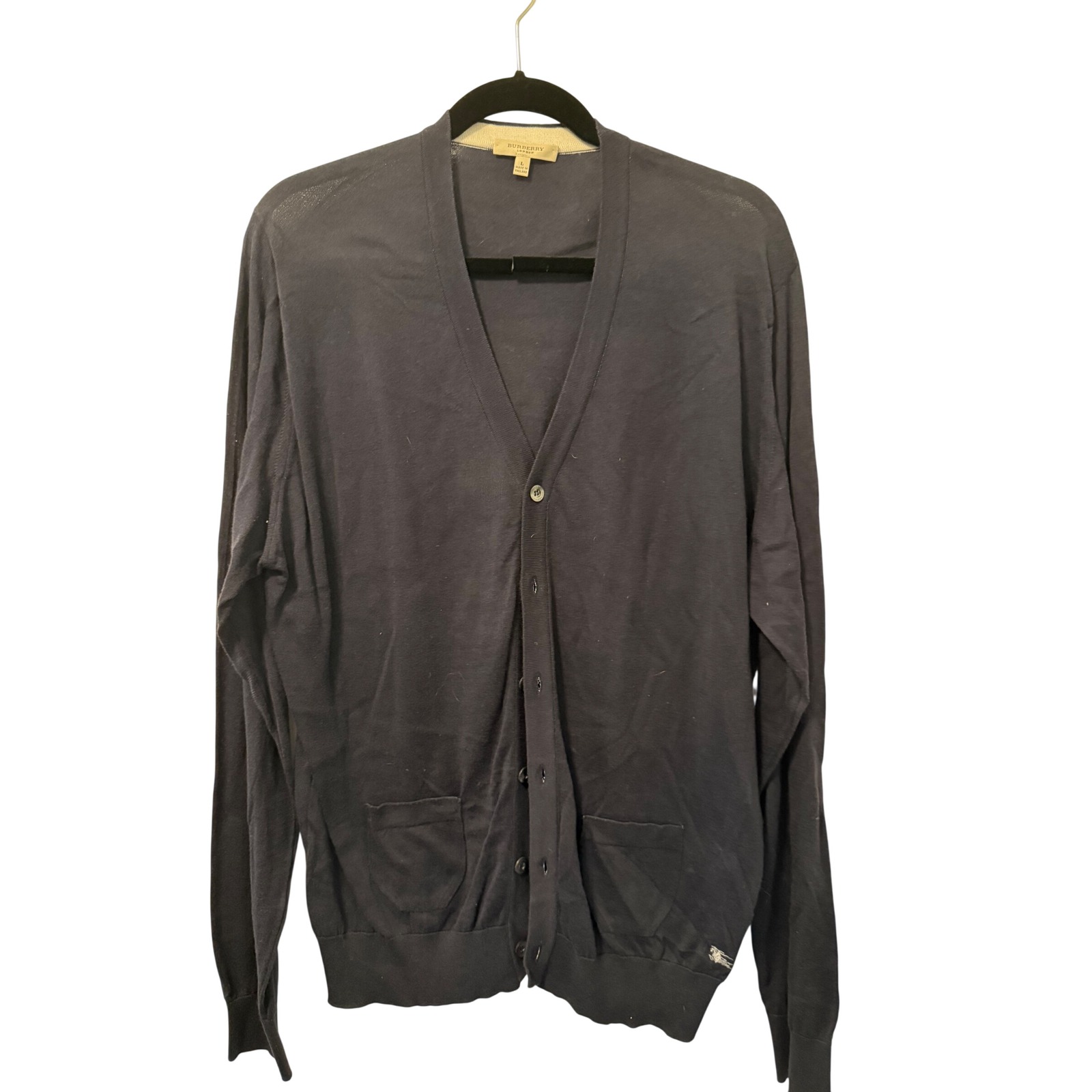 Burberry London Mens Navy Blue Cotton V-Neck Cardigan Sweater Made In England L